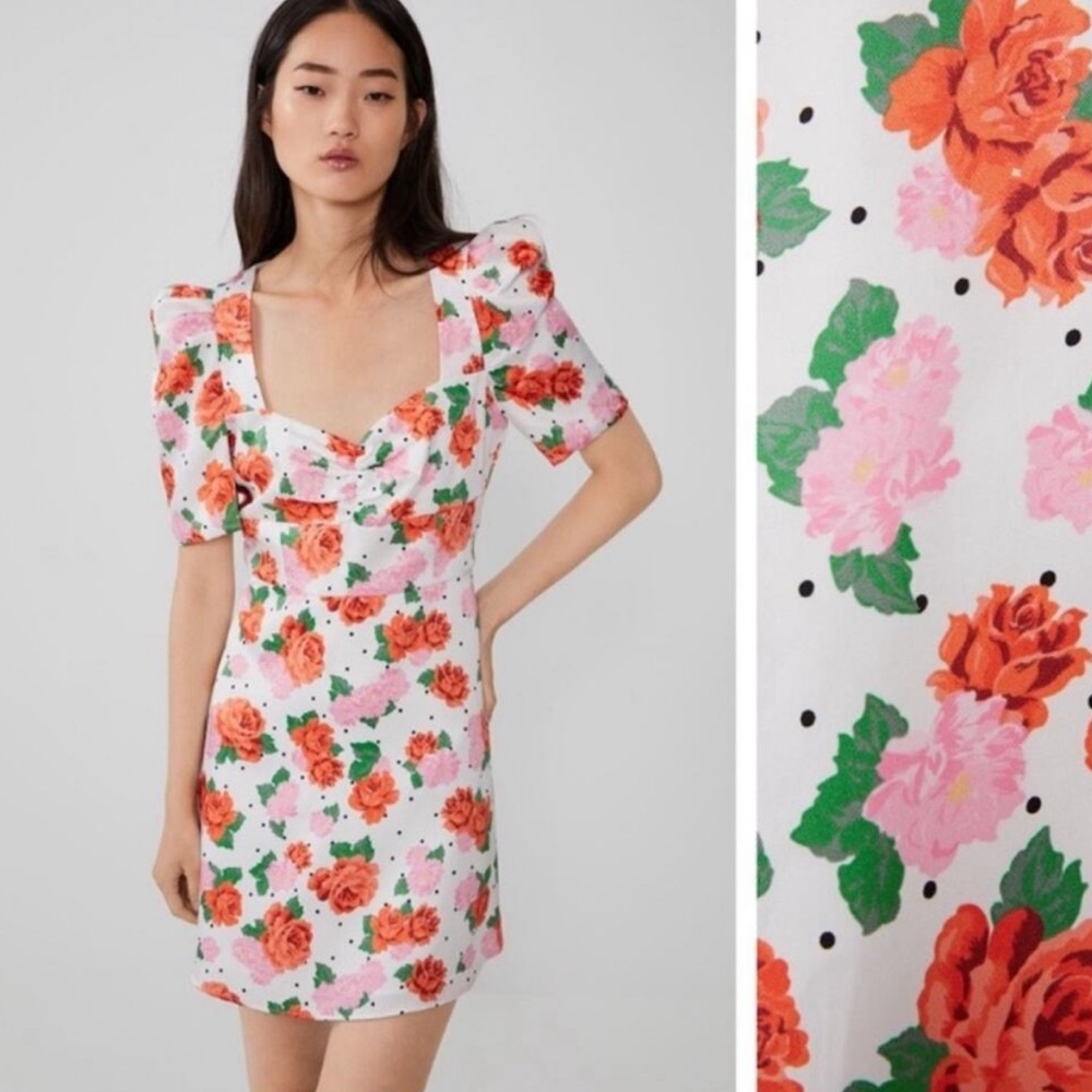 ZARA Blogger Favorite Puff Sleeve Polka Dot Floral Mini Dress Sweetheart Small